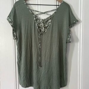 Olive Green Women's Blouse with Floral Trim